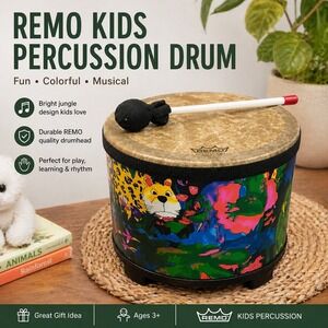 Remo Kids Percussion Floor Tom Drum 10 Inch Rainforest Jungle Design with Mallet